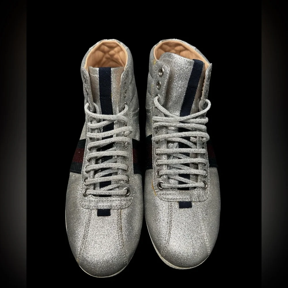 Gucci Bambi Silver Glitter High Top Sneakers EU38 Web Stripe Italy Luxury